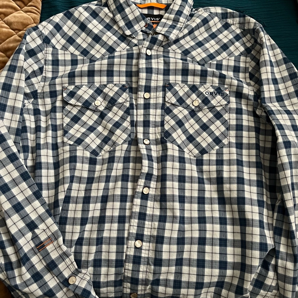 Orvis long sleeve Pearl snap shirt, medium
